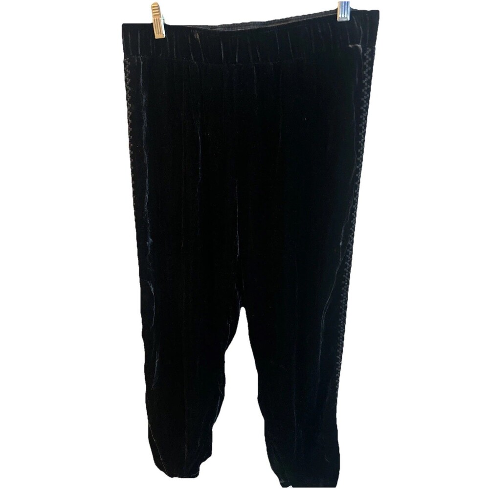 Johnny Was Black Velvet Pants Sz M Aurora Joggers Embroidered Sides Elastic JWLA